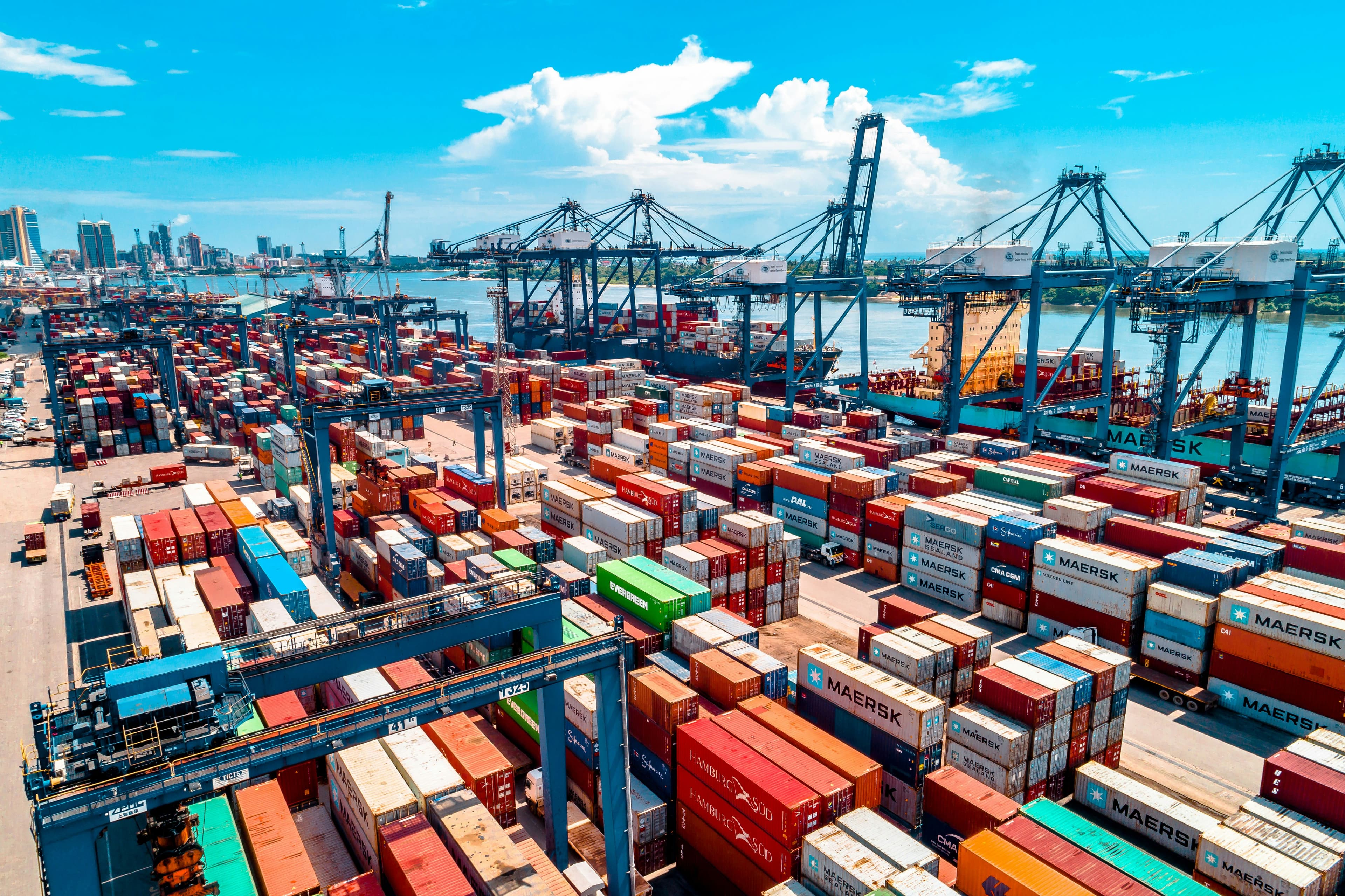 Container ship and global logistics port representing international trade